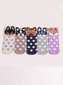 5 Pairs Women's Socks, Polka Dot Crew Socks, Novelty Dog Animal Cartoon Short Socks, Casual Collegiate Style 3D Cartoon Socks, Suitable For Daily Wear - Multicolor - View 10