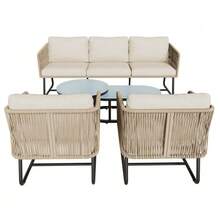 Garden Furniture Set With Galvanized Iron Frame, Grey Rope, Adjustable Legs, Smooth Glass Tabletop, 5-Piece Set, Includes All Seat And Back Cushions. - Beige - View 9