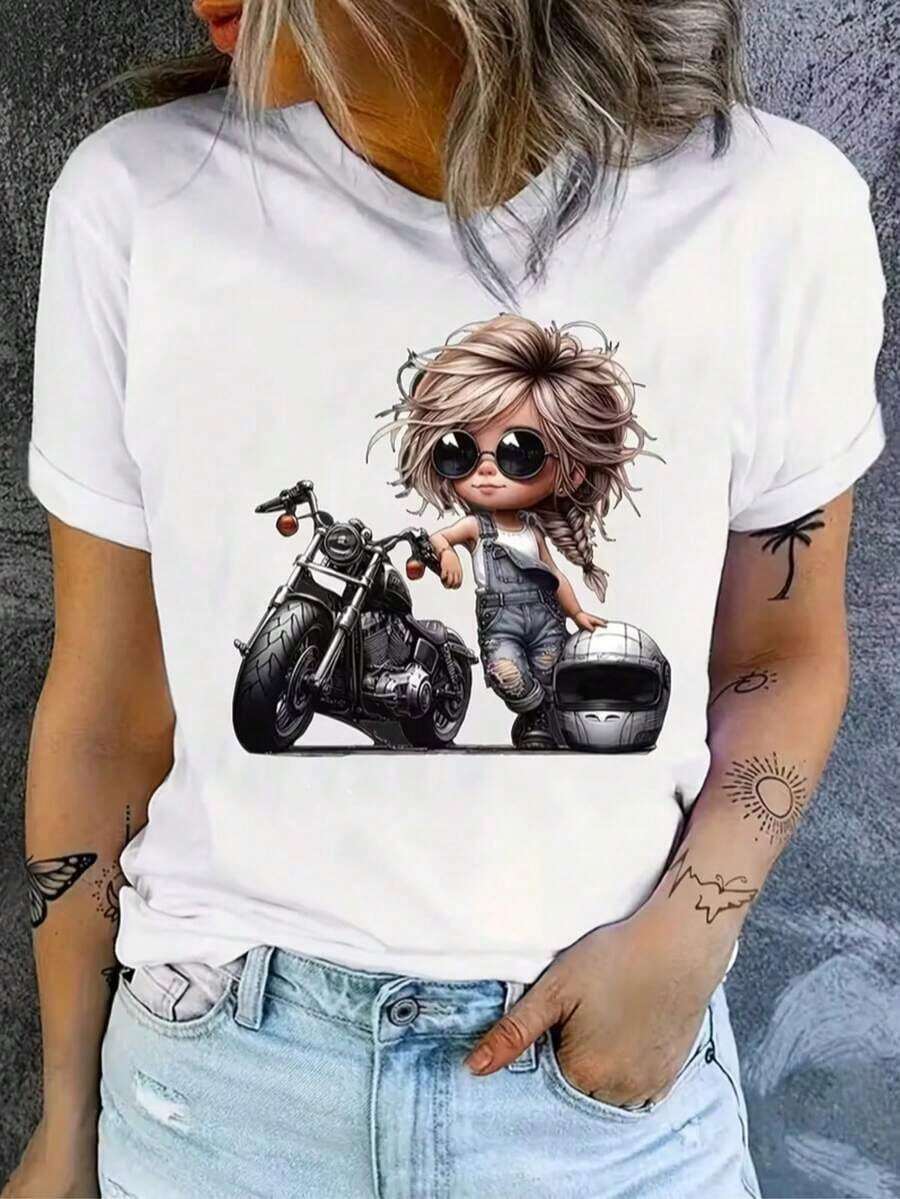 Camiseta de mujer de unicolor con estampado de chica de motocicleta de dibujos animados, casual y de moda para uso diario - Fondo blanco 3 - Ver 1