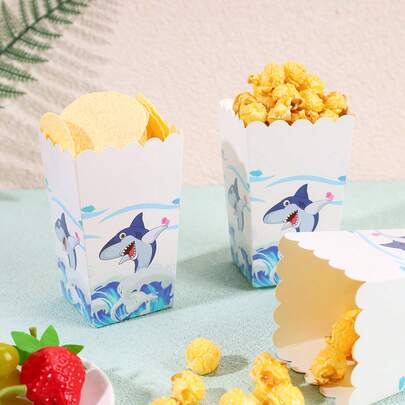Ocean Shark Themed Popcorn Boxes, Disposable Paper Snack Containers With Wave Print, 4.52x2.95x2.16 Inch Treat Boxes For Nautical Themed Party, Beach Celebration, Summer Gathering, Backyard BBQ, Movie Night, Carnival, Outdoor Picnic, Party Favors, Candy Buffet, Dessert Table Decor, Sturdy Paper Popcorn Holders Multi Size Optional With 10PCS 20PCS 50PCS 100PCS For All Adult Celebration Occasions