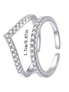 2pcs Valentine's Day Gift Set, Minimalist V-Shaped Simulated Moissanite One-Row Diamond Platinum Color Ring, V-Shaped Open Ring Couple Rings For Daily Wear - Silver - View 4