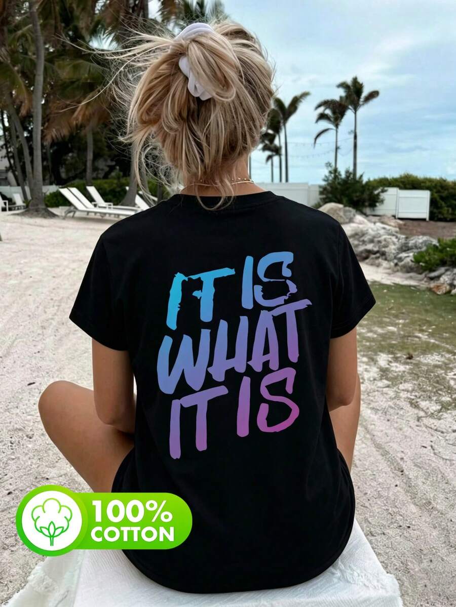 Áo thun nữ cỡ lớn phong cách đường phố, 100% cotton, họa tiết chữ graffiti chuyển màu, cổ tròn, tay ngắn, phong cách Y2K, mùa hè, màu đen, kiểu dáng thường ngày. - màu đen - Xem 1