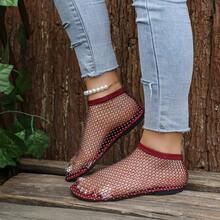 2026 Spring/Summer New Soft Round Toe Fishnet Socks Rhinestone Slip-On Casual Outdoor Breathable Large Size Hollow Sandals Flat Shoes - Burgundy - View 16