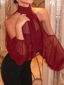 Lightweight Sheer Mesh Long Sleeve Loose Bat Wing Top, Suitable For Summer Parties - Burgundy - View 5