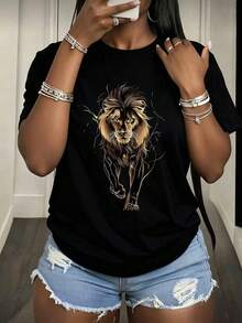 Playera Oversize Mujer León Dorado - Negra con Estampado Artístico de León en Tonos Dorados - Negro - Ver 3