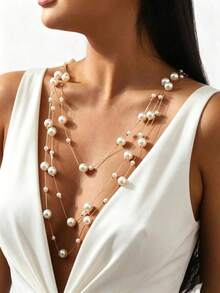 1pc Bohemian Vacation Faux Pearl Multi-Layer Women's Necklace (Random Accessory Color) - White - View 2