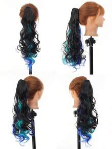 Extension de queue de cheval ondulée bouclée 18 pouces Noir/Bleu Lac/Bleu Marine, Douce & Aspect Naturel, Convient aux Femmes, Clips pour Cheveux, Pinces à Cheveux - reflets bleus - Voir 4