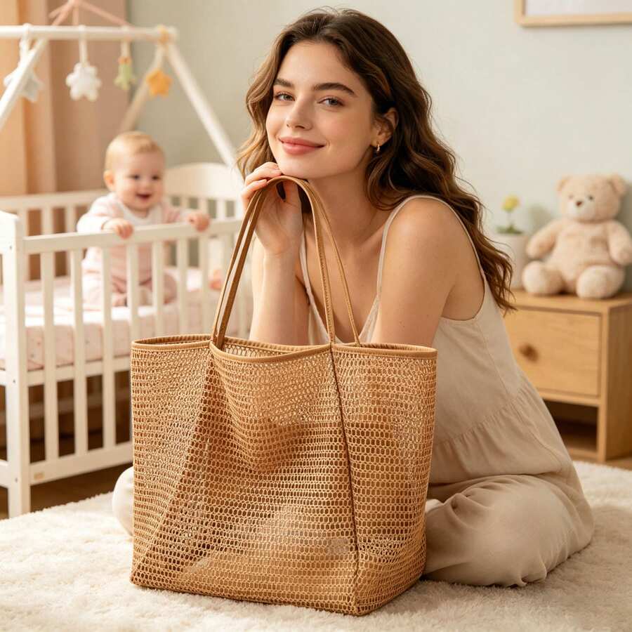 1 pezzo Borsa a rete, borsa di stoccaggio per asilo nido di grande capacità, design traspirante, tutto in uno per pannolini, bottiglie, giocattoli per mamme, organizzatore di articoli essenziali per bebè a prova di umidità e muffa - Multicolore - Visualizzare 1