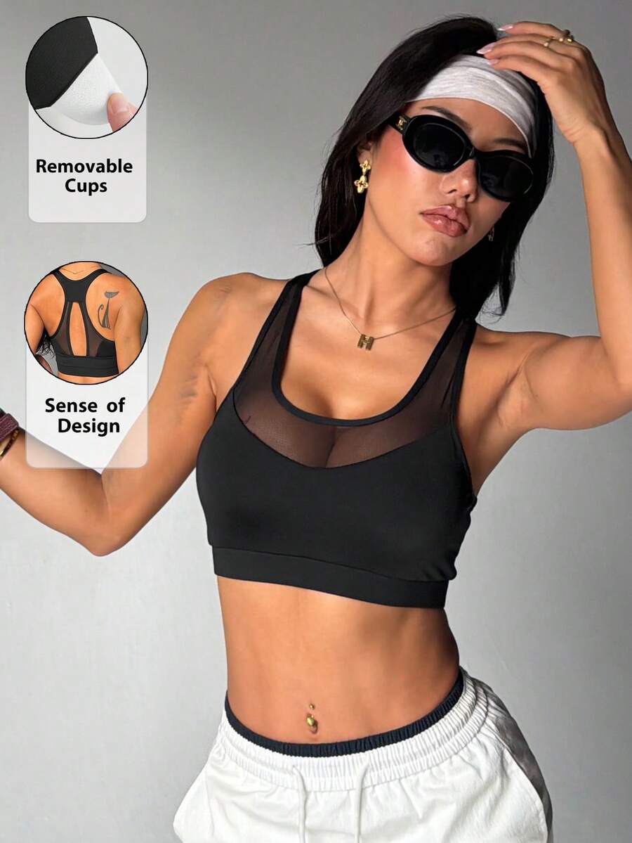 Women's Solid Color Removable Padded Round Neck Backless Sports Knit Bra Black - Black - View 1