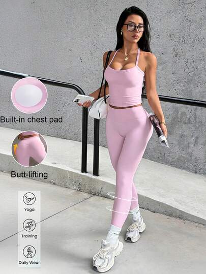 Bộ đồ thể thao nữ mùa hè màu trơn Aoqta Sports gồm áo croptop hai dây hở lưng và quần legging ôm sát cạp cao, trang phục đơn giản cơ bản phù hợp cho yoga, chạy bộ, tập thể dục, hoạt động ngoài trời và mặc hàng ngày.