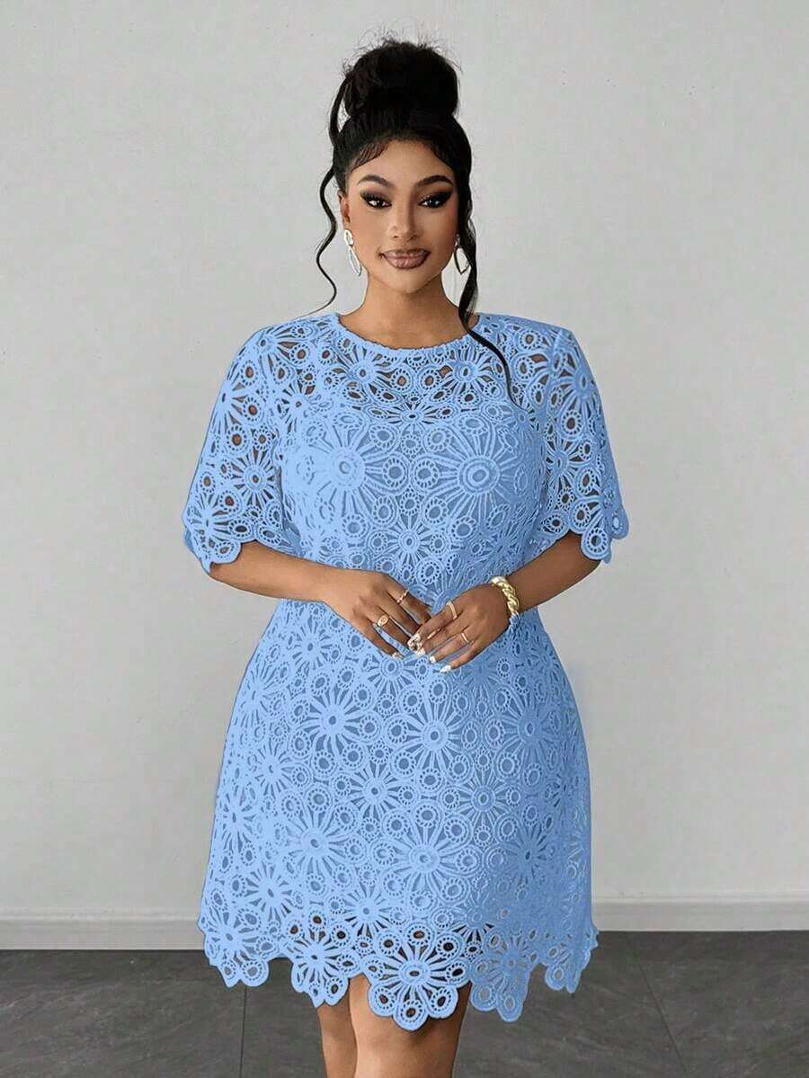 Maweii Vestido de encaje soluble en agua de unicolor elegante talla grande, para verano - Celeste - Ver 1