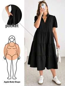 Shapeblank Vestido midi negro básico de manga corta, cómodo y suelto, para uso diario y versátil, de moda casual para mujer talla grande en primavera/verano, vestido de bolsillo, vestido elegante - Negro - Ver 12