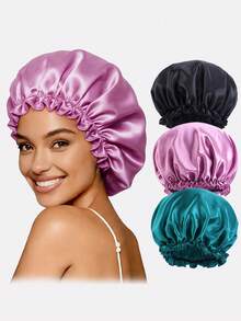 3pcs Women's Solid Color Lace Satin Sleep Cap, Faux Silk Hair Care Cap For Daily Use,Holiday,Festival - Black/Coffee/Khaki - View 19