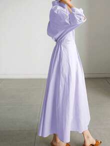 2025 Spring/Summer New Solid Color V-Neck Belted Flared Dress, Commuting Fashion Elegant - Mauve Purple - View 4
