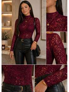 Elegant Lace Bodysuit With Long Sleeves And High Neck – Premium Fitted Style ✨ - 酒紅色 - 查看 2