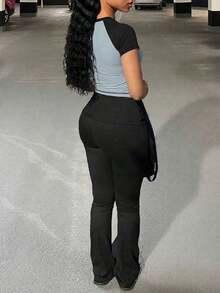 2pcs/Set Women Casual Contrast Color Sports Pants + Tight Leggings, Everyday Wear From Spring To Summer Pink - Đen + Xanh - Xem 3