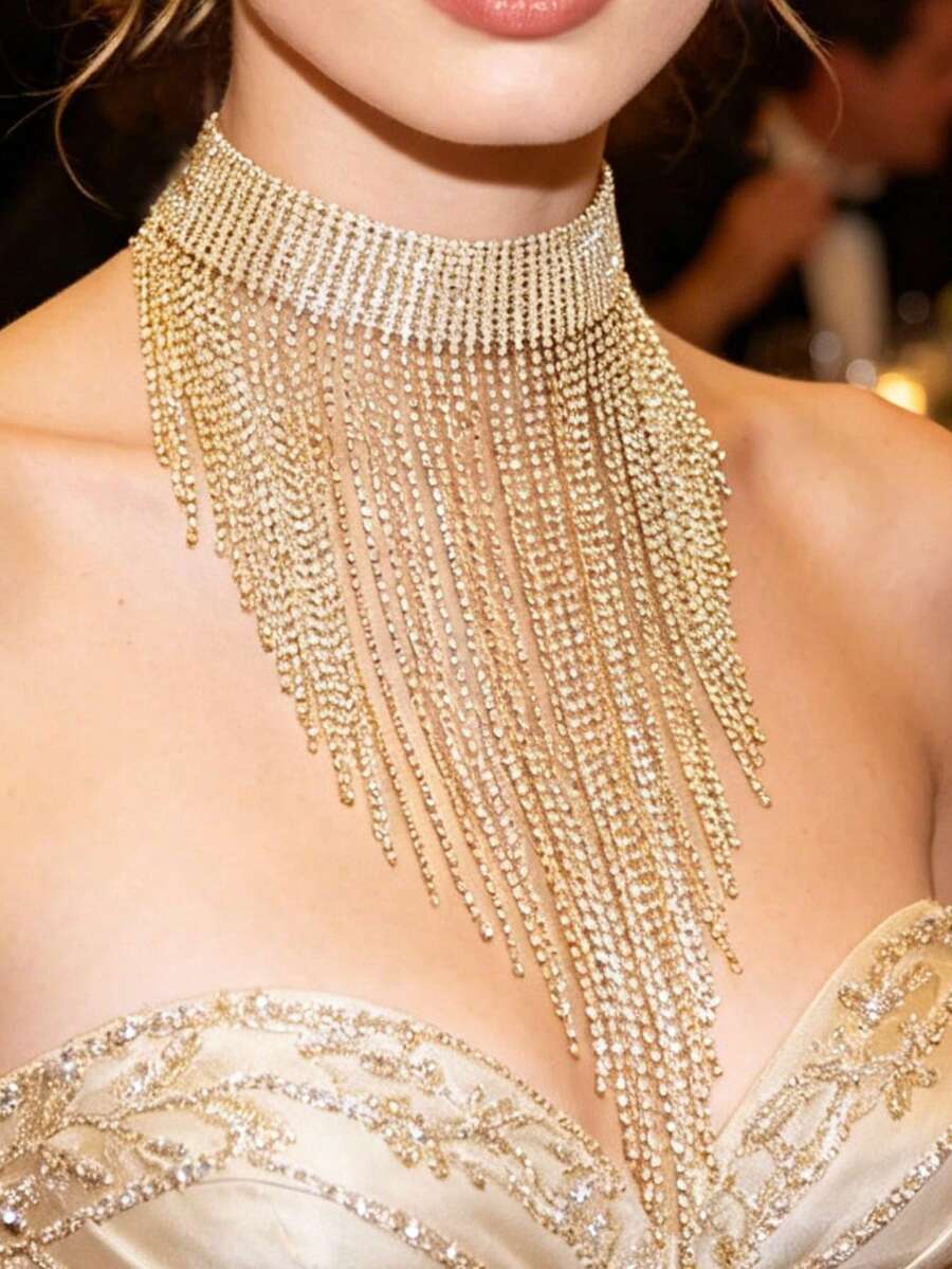奢华水晶水钻流苏项链,女士珠宝 - 金色 - 查看 1