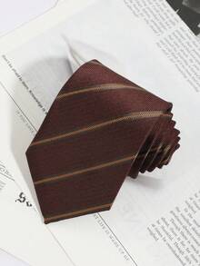 1pc Men's Dark Brown Contrast Striped Necktie - Reddish-brown - View 5