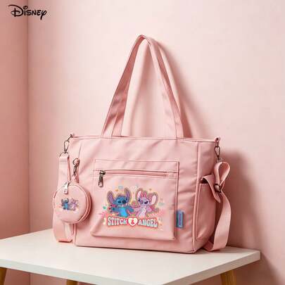 Miniso Bộ 2 túi tote đa năng cỡ lớn màu hồng chủ đề "Stitch & Angel" Lilo & Stitch của Disney, kèm ví đựng tiền xu, có thể mang theo nhiều cách, lý tưởng cho các chuyến đi cuối tuần, tập gym, đi chợ và các hoạt động ngoài trời.