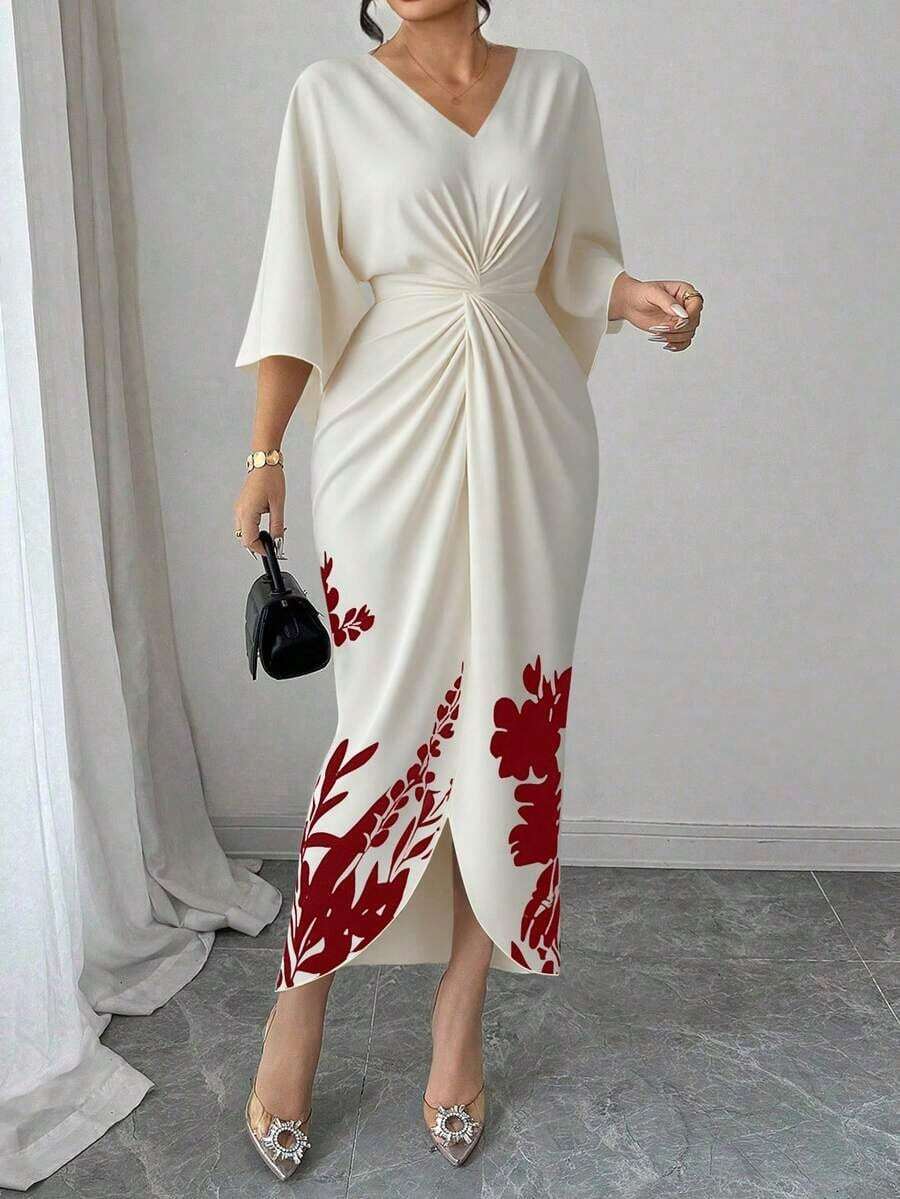 Vestido elegante con estampado para mujeres de talla grande - Burdeos - Ver 1