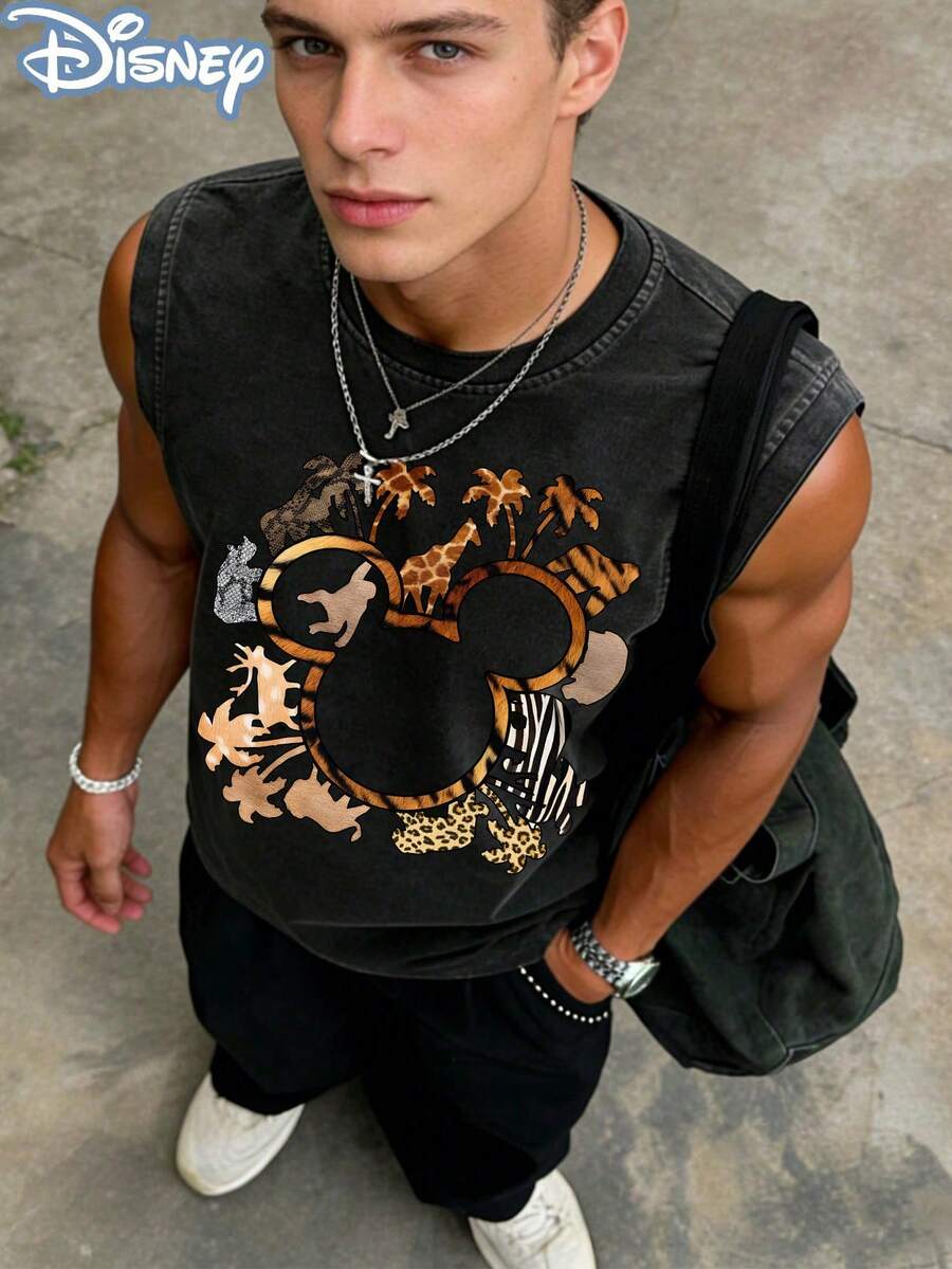 Disney Safari Animal Print Washed Sleeveless Tank Top, Mickey & Friends Wild Kingdom Graphic Tee, Vintage Oversized Casual Muscle Shirt, Perfect For Theme Park Trips & Fans - 黑色 - 查看 1