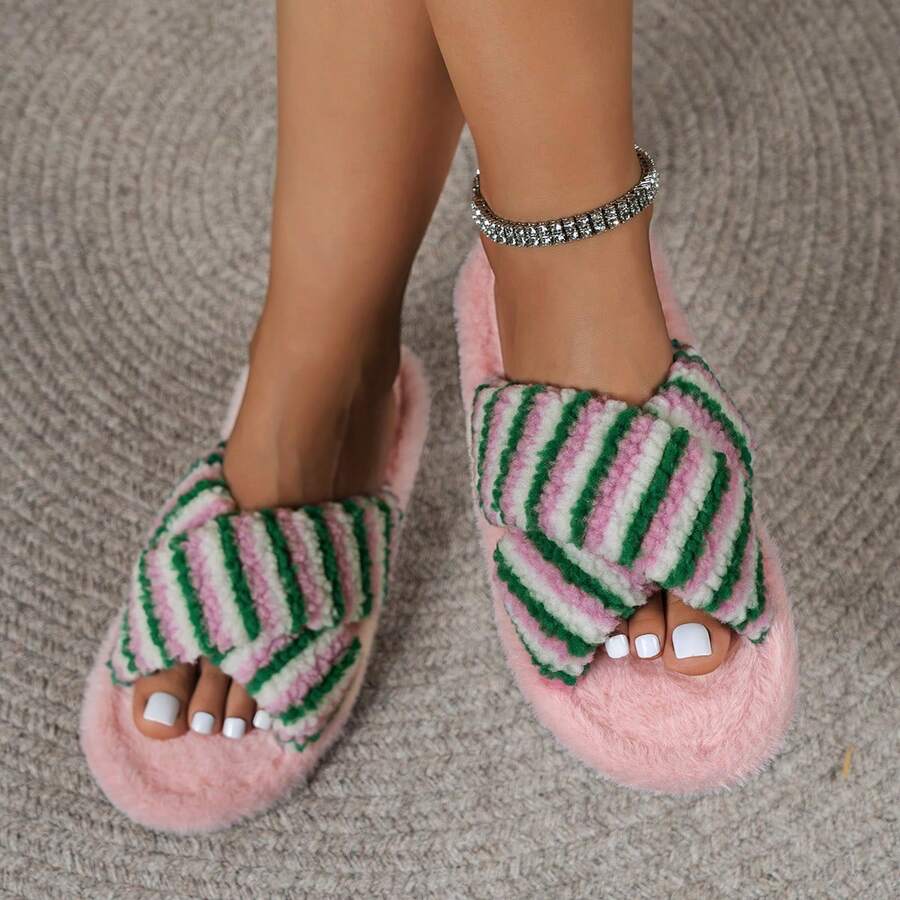 Fashionable New Couple's Indoor Slippers, Slip-On-On Comfortable Warm Quiet Slippers With Rhombus Pattern Elegant Geometric Fabric, Suitable For All Seasons - Pink - View 1