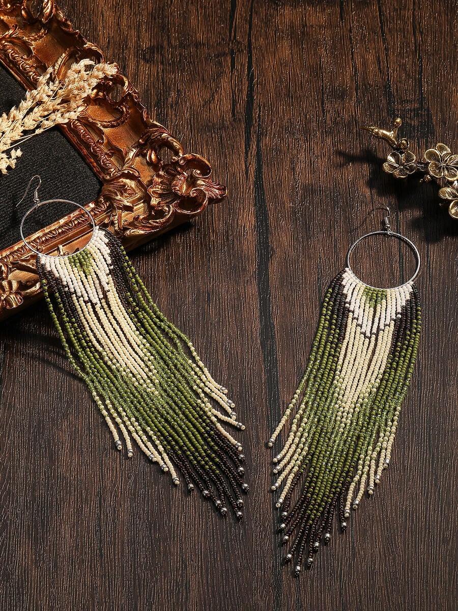 Anting Manik-Manik Buatan Tangan, Gaya Bohemian, Anting Rumbai Lingkaran Bulat Gradien Dua Warna Hijau-Putih-Cokelat yang Serasi, Aksesori Fesyen yang Dipersonalisasi, Cocok untuk Sehari-hari, Liburan, Pesta, Anting Buatan Tangan yang Terinspirasi Alam, Elegan - Rumbai-rumbai hijau dan putih - View 1