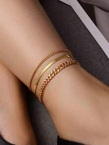 3pcs Stainless Steel 18K Gold Plated Summer Beach Anklet, Suitable For Women Holiday Wear - Multicolor - View 2