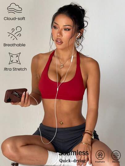 Women's Shockproof Seamless Halter Sports Bra High Support Open Back Yoga Gym Top