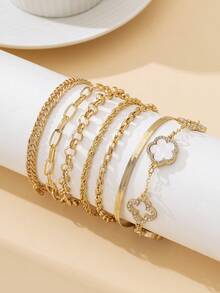 7pcs Summer New Vacation Beach Style Elegant Classic Versatile Chain Hollow Clover & Sweet Five-Leaf Clover Anklet Set For Women - White - View 2