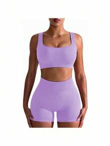 Workout Sets For Women 2 Piece Seamless Ribbed Crop Tank High Waist Shorts Yoga Outfits - 紫色 - 查看 1