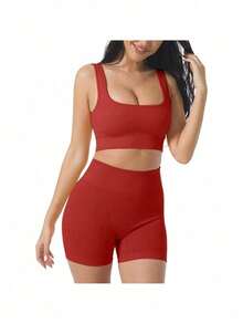 Workout Sets For Women 2 Piece Seamless Ribbed Crop Tank High Waist Shorts Yoga Outfits - 紅色 - 查看 1