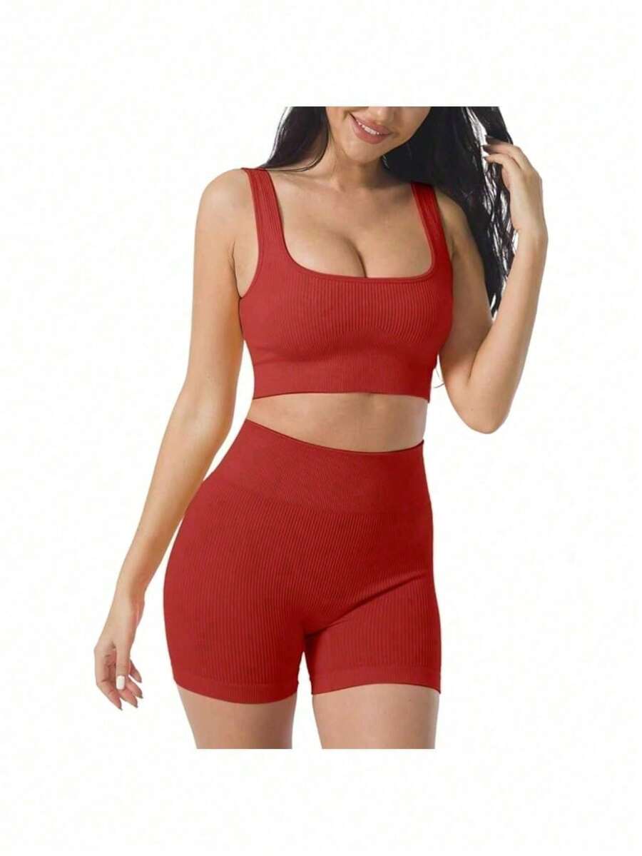 Workout Sets For Women 2 Piece Seamless Ribbed Crop Tank High Waist Shorts Yoga Outfits - 紅色 - 查看 1