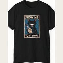 Funny Black Cat Show Me Your Titos Vodka Drinking Shirt - Retro Vintage Distressed Alcohol Lover Te - 黑色 - 查看 1