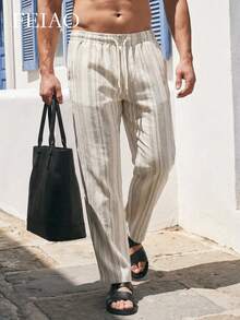 Feio Men's Vintage Striped Linen-Feel Straight Leg Pants, Suitable For All Seasons. Perfect For Casual, Work And Vacation - smoke gray - View 1