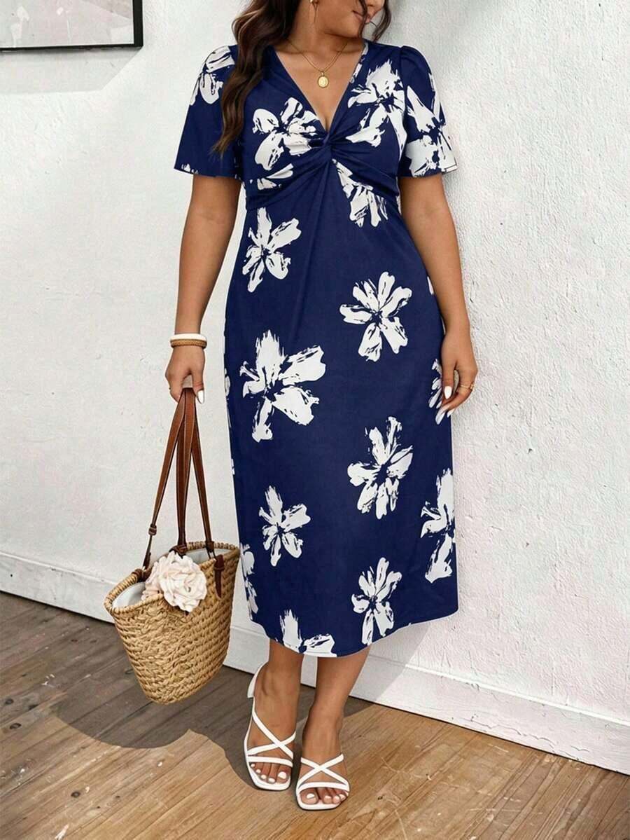 Elaquor Vestido casual de vacaciones de talla grande con cuello en V y cintura ceñida - Azul marino - Ver 1