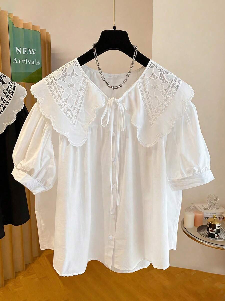 ii Blus Lengan Pendek Longgar Berkerah Peter Pan, Serbaguna untuk Wanita, Warna Putih, Musim Panas