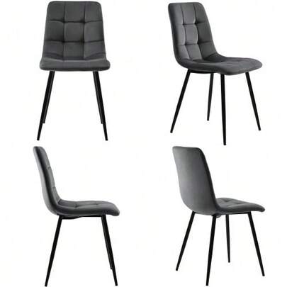 Dining Chairs (4 Units), Dark Grey, Set Of 4 Designer Upholstered Chairs With Backrest, Velvet Seat And Metal Frame.