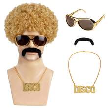 Bộ tóc giả ngắn xoăn kiểu Hippie, tóc giả Afro, kính và vòng cổ biểu tượng hòa bình, tóc giả tổng hợp chủ đề Halloween, tóc giả dự tiệc Giáng sinh. - Nhiều màu - Xem 1