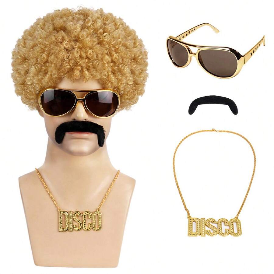 Bộ tóc giả ngắn xoăn kiểu Hippie, tóc giả Afro, kính và vòng cổ biểu tượng hòa bình, tóc giả tổng hợp chủ đề Halloween, tóc giả dự tiệc Giáng sinh. - Nhiều màu - Xem 1