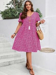 Vestido casual de manga corta con estampado floral diminuto para tallas grandes - Rosa - Ver 5