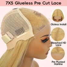 Tóc giả bob thẳng màu vàng mật ong 27cm với phần ren phía trước 7x5 không cần keo, khóa ren HD đã được cắt sẵn, mật độ 180%, chịu nhiệt, làm từ tóc tổng hợp pha trộn với tóc người, các nút thắt đã được tỉa sẵn và vô hình, dễ dàng sử dụng cho người mới bắt đầu. - S27 - Xem 3