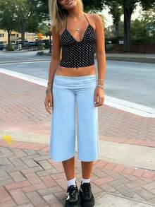 Fold Over Wide Leg Capri Pants For Women Low Rise Lounge Yoga Flare Culottes Y2k Flowy Crop Palazzo Pants - Màu xanh lam - Xem 9