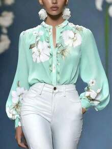 Blusa de gasa con estampado floral elegante, cuello alto y mangas farol - Burdeos - Ver 1