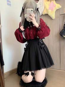 Dark Halloween Vampire Sweet Cool Bat Race Color Black Red Long Short Sleeve Shirt Top Thread Shirt - Black Midi Skirt - View 5