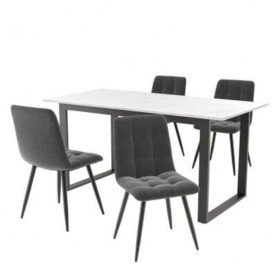 Essgruppe,(Set,140/180*80*75cm Essstisch Mit 4 Stühlen), Moderner Küchentisch Set,Esszimmerstuhl Aus Grauem Samt,MDF Tischplatte In Weißer,Schwarze Tischbeine