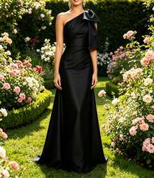 Elastic Satin Asymmetric Neck Fitted Cocktail Dress - Black - View 9