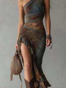2026 European And American Style Retro Patchwork Printed Asymmetrical Long Dress, Slim Fit With High Slit - Hoa - Xem 1