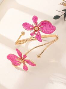 Elegant Red Enamel Flower Cuff Bracelet, Adjustable Gold Plated Floral Bangle, Ideal Gift For Valentine's Day, Mother's Day & Party Occasions - Màu Đỏ Sâu - Xem 7