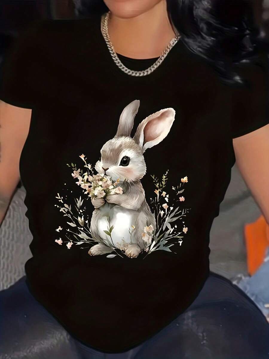 Camiseta Talla Grande Cuello Redondo con Estampado de Conejo Lindo, Estilo Suave para Todas las Estaciones - Negro - Ver 1